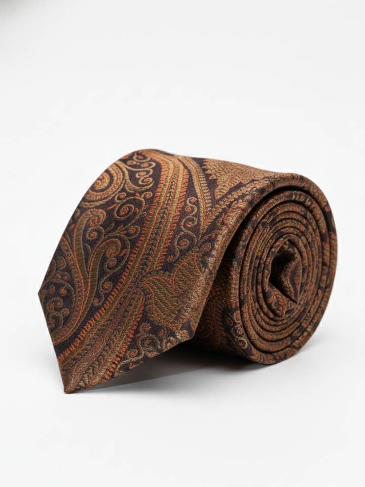 Gravata Clássica Castanha com Detalhes Elegantes em Padrão Paisley por atacado de Masculine Moda