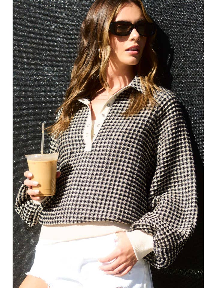 La Miel - Wholesale Sweatshirt - Women's - HCS3576-Unique Two Tone Textured Snap Button Front Top