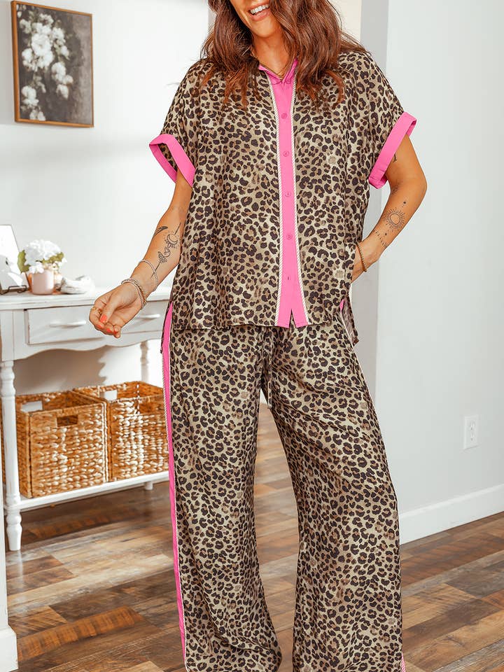 Spring Western Contrast Trim Leopard Top and Pant Set for wholesale by fashionworks