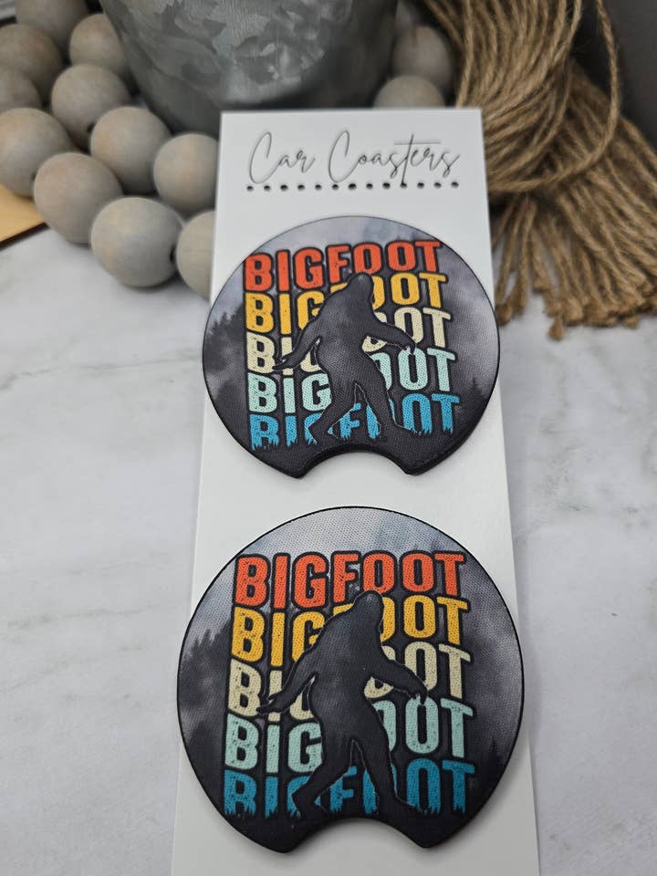 Retro Big Foot Car Coasters for wholesale by Woody Bee Creations