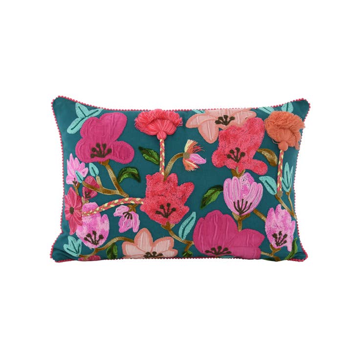 Karma Living - Wholesale Throw/Decorative Pillow - Set of 2 Floral Braided Teal with Pink Pillows 16X241