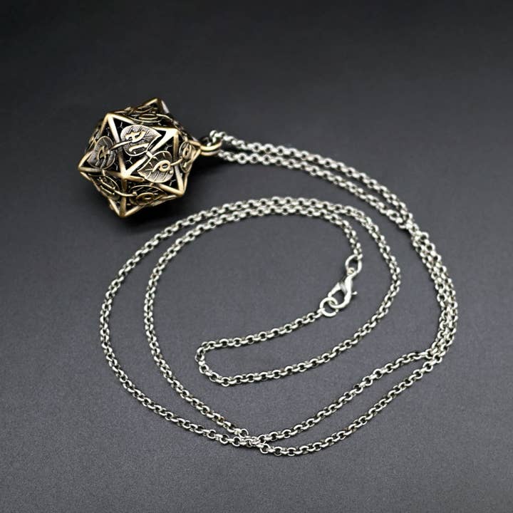 Tabletop Dominion Limited – wholesale Pendant/charm necklace – Leaflock | Ancient Gold D20 Pendant Necklace with Mini Metal Dice3