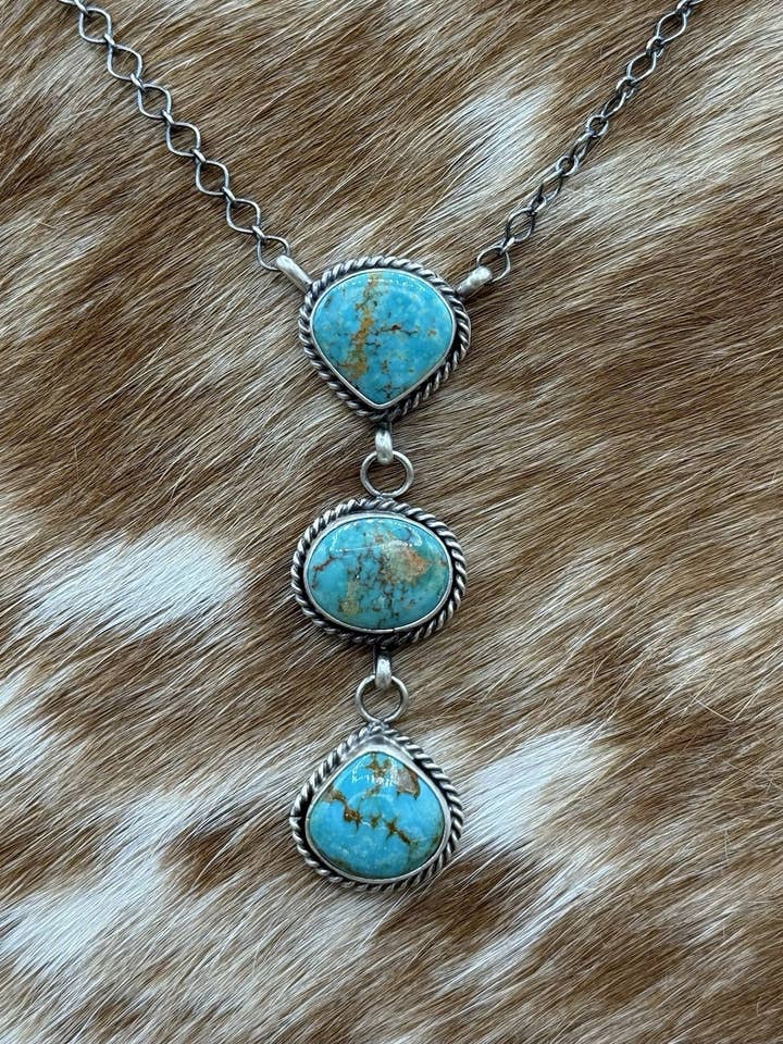 Native Navajo Handmade Sterling Silver Kingman Turquoise Lariat Necklace 18” for wholesale by Native City Jewelry