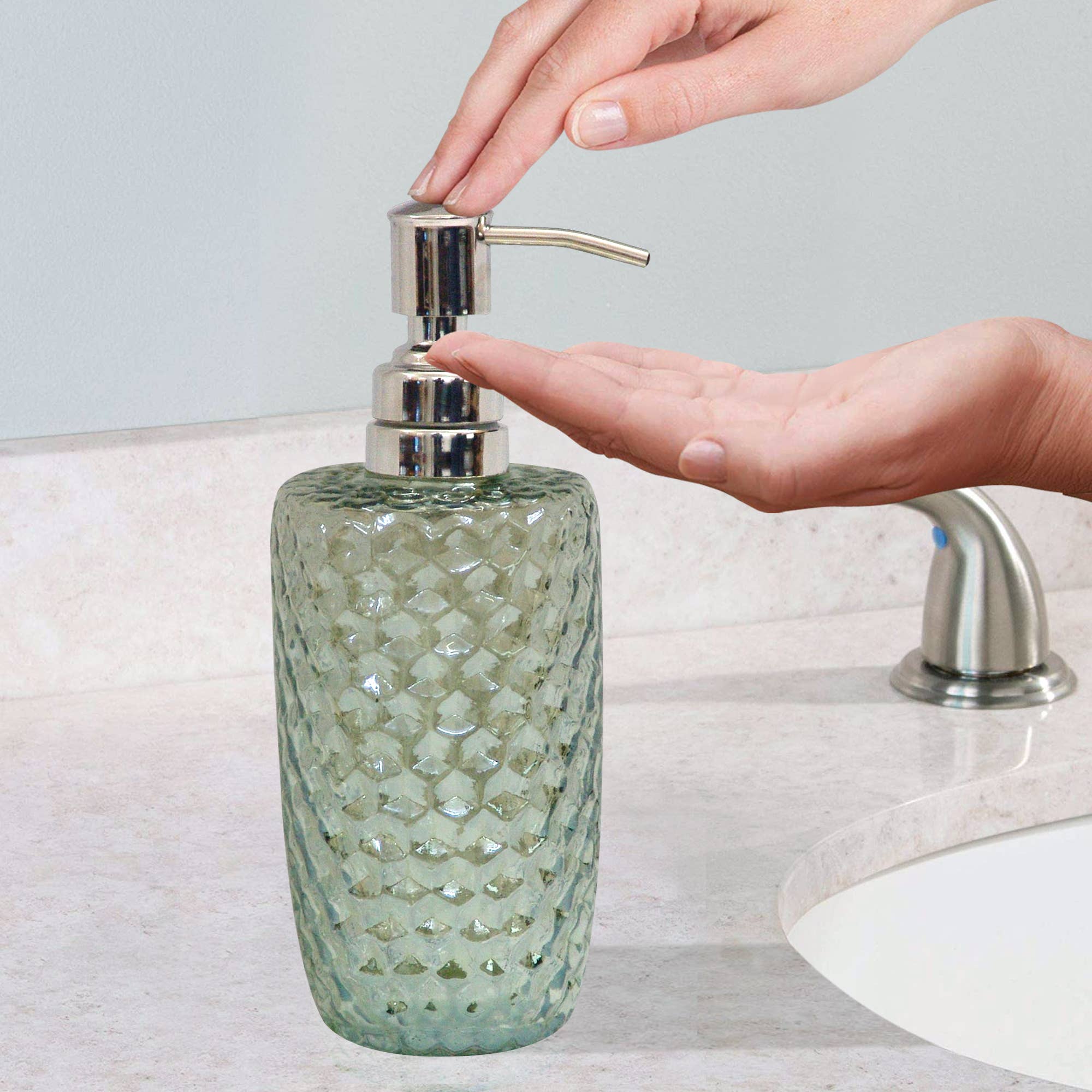 nu steel - Wholesale Soap Dispenser - Sea Glass Green Lustre Glass & Steel Liquid Soap Pump3