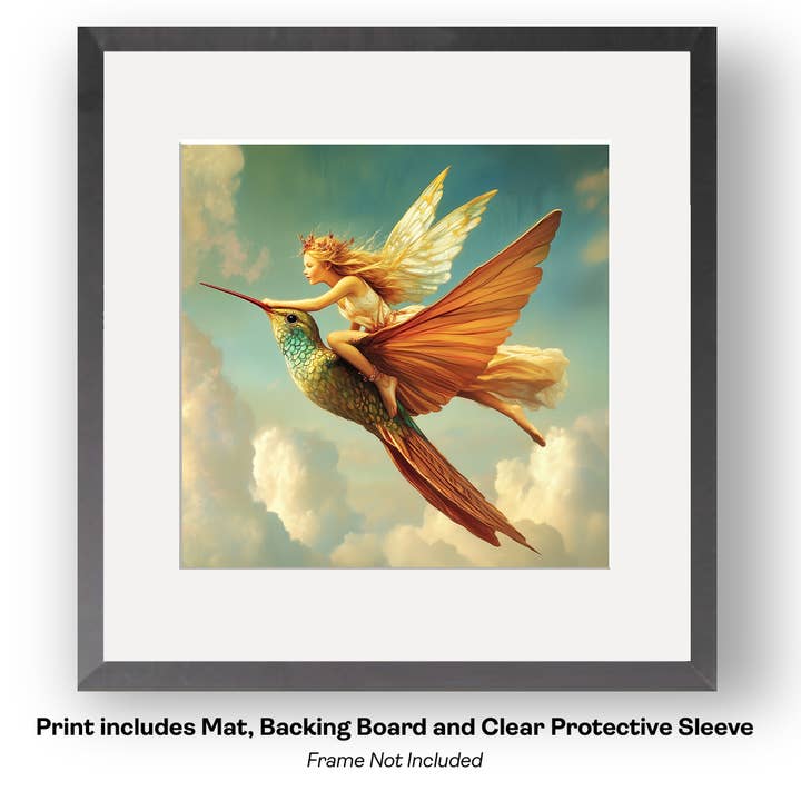 Mowbi - Vendita all'ingrosso Stampa artistica - Fata che Cavalca un Colibrì - Stampe d'Arte di Fate – Opera d'Arte 8″x8″ in Passepartout 12″x12″
