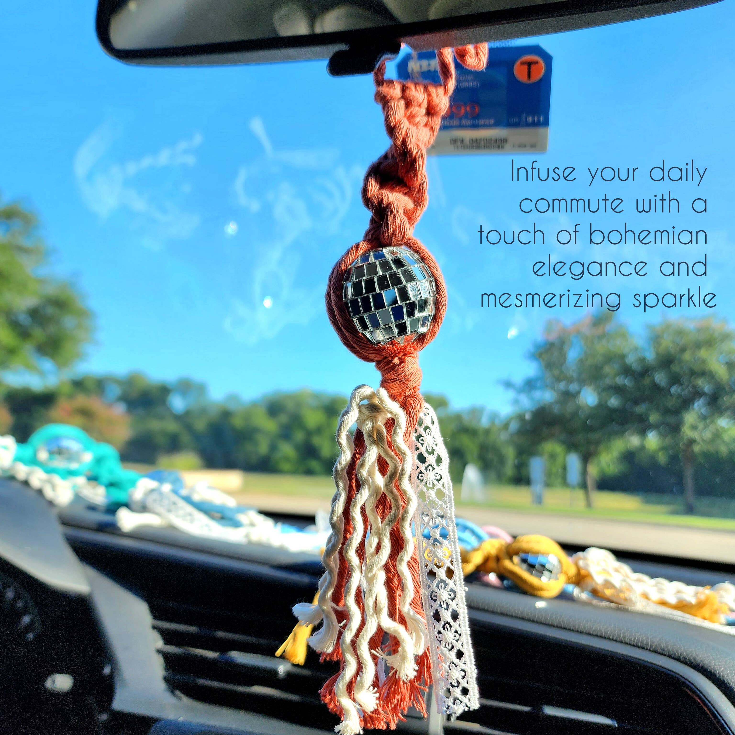 Handmade By Uruba – Amuleto decorativo para carro – Unissexo por atacado – Discoteca Ball Carro Artesanal Charm, Acessório para Carro Espelho Retrovisor7