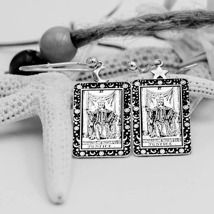 The Justice Tarot Card Engraved 925 Sterling Silver Earrings for wholesale by DreamedBy