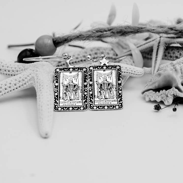 The Justice Tarot Card Engraved 925 Sterling Silver Earrings for wholesale by DreamedBy