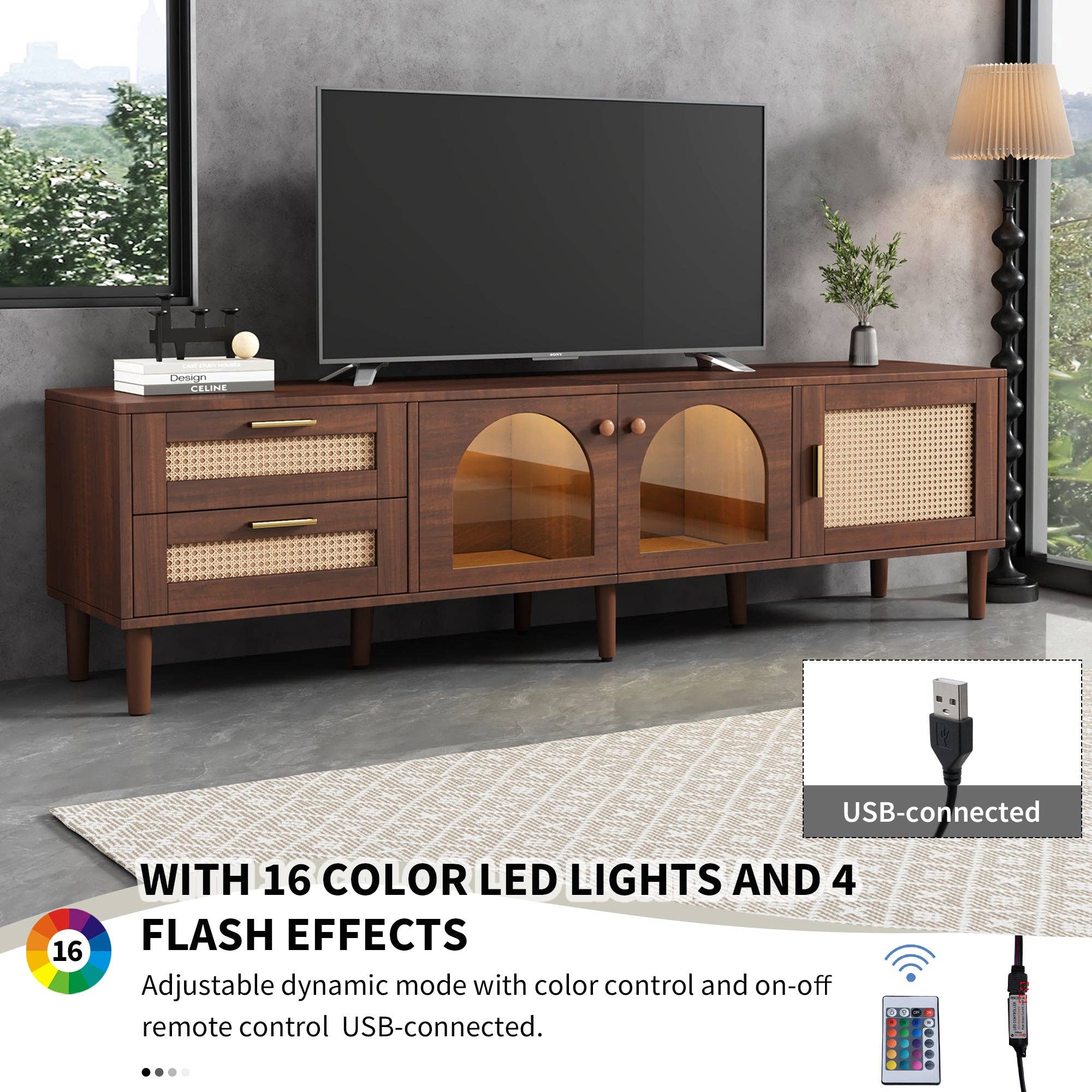 HOMYCASA DESIGN INC - Wholesale Console Table - Rattan TV Stand with LED Lights 3 Cabinets for 80" TVs8