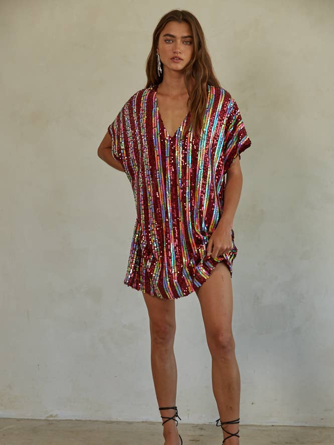 Burgundy Multi L6868 | Woven Polyester Spandex Sequin V-Neck Mini Dress for wholesale on Faire
