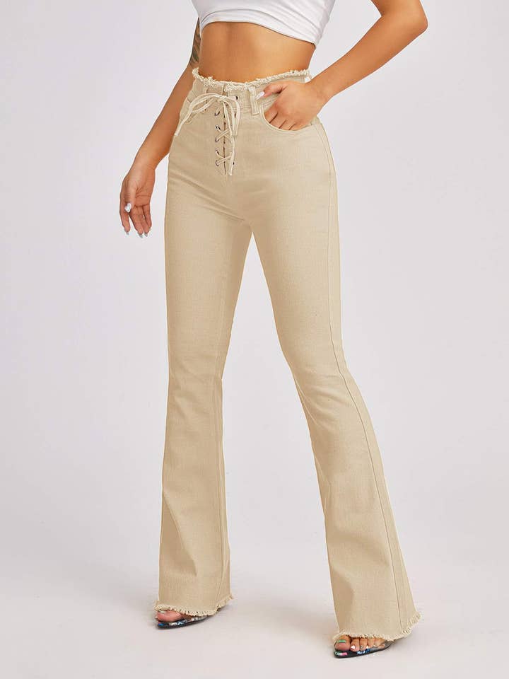 Fashion Combination - Wholesale Jeans - Women's - high waist lace up front flare leg jeans1