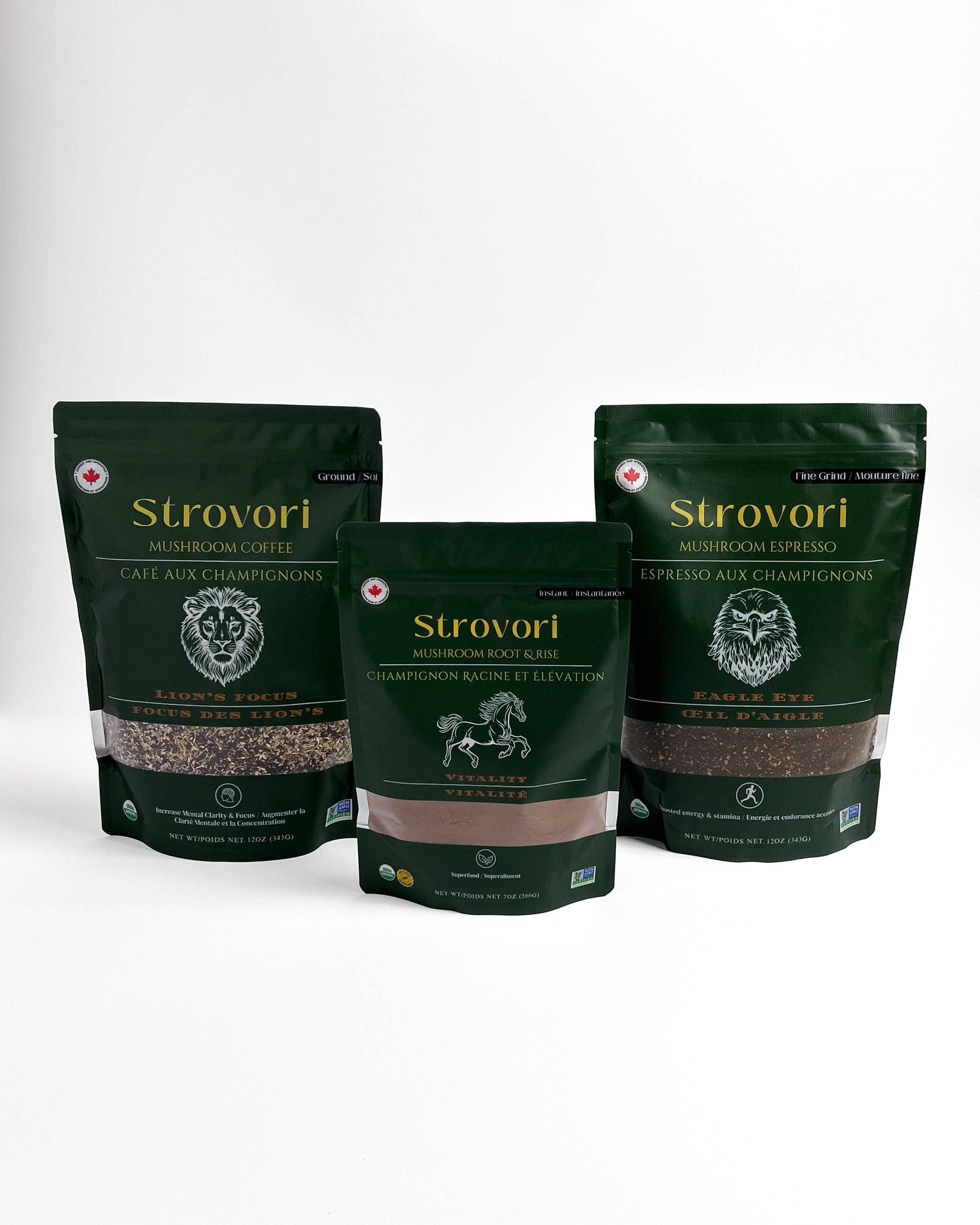 Strovori - Wholesale Ground Coffee - Unstoppable Energy Trio — Eagle Eye Espresso (Fine) + Lion’s Focus (Ground) + Vitality (Instant)1