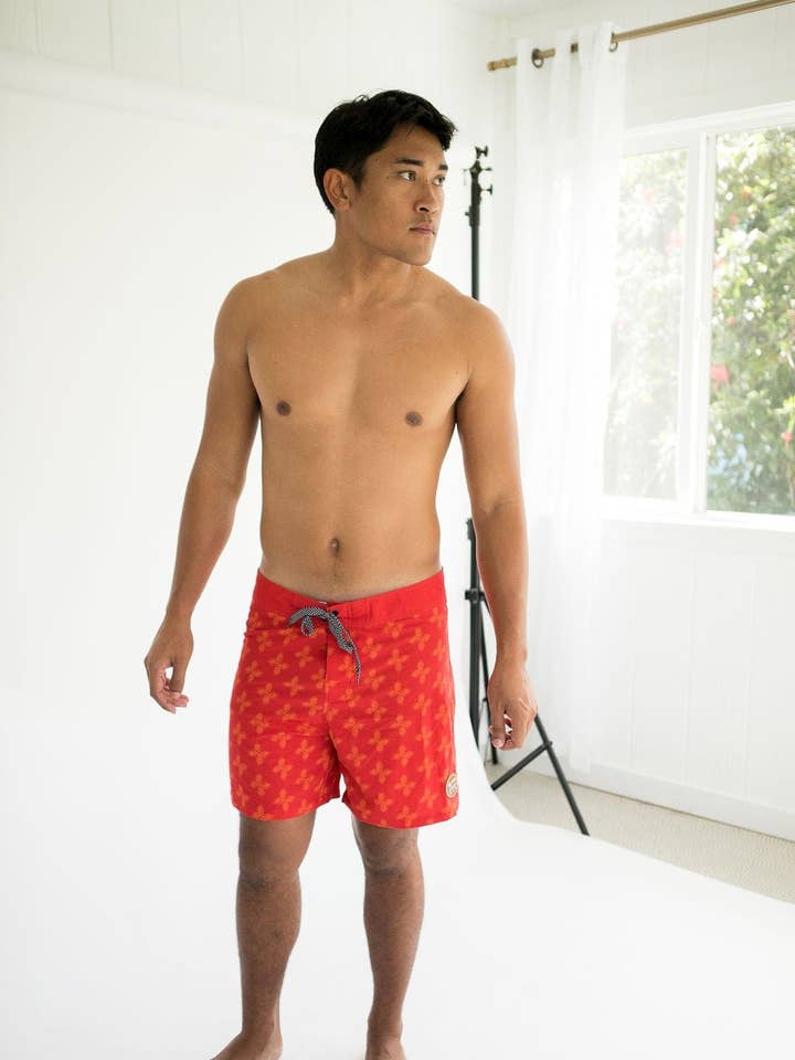 Men's Townshort Boardshorts in Red Breadfruit Bandana for wholesale by Of One Sea