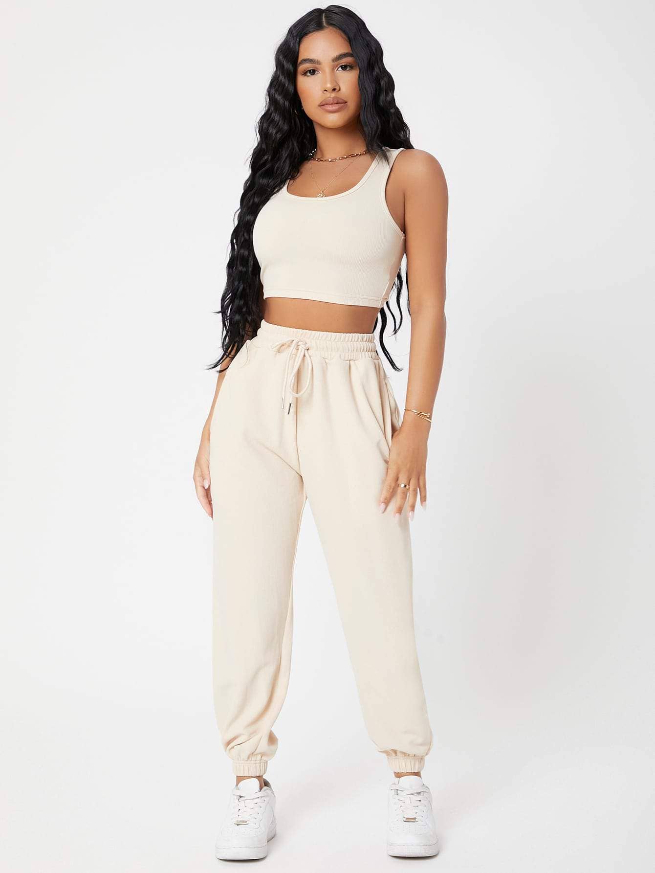 Fashion Combination - Wholesale Lounge set – Women's - petite solid crop tank top and joggers set3