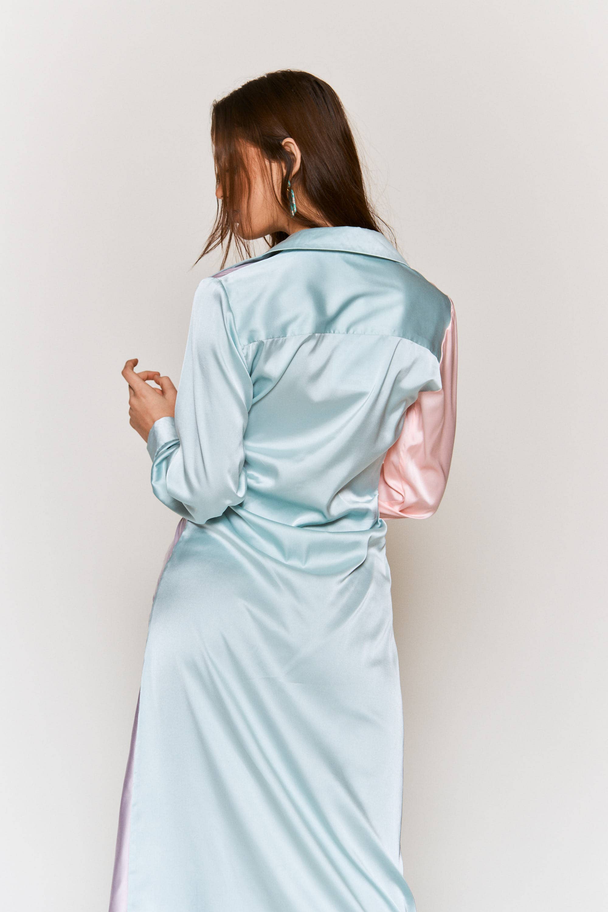 Hers & Mine - Wholesale Dress - Women's - Color Block Button Down Satin Midi Dress - Luxurious Feel4