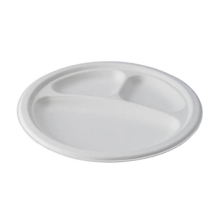 CaliWare 9" 3 Comp. Bagasse Round Plate Disposable- 500/Case for wholesale by CaliWare