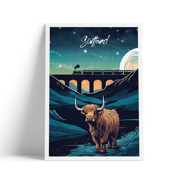 Highland Cow at Night - Viaduct and train - Scotland for wholesale by Printagonist