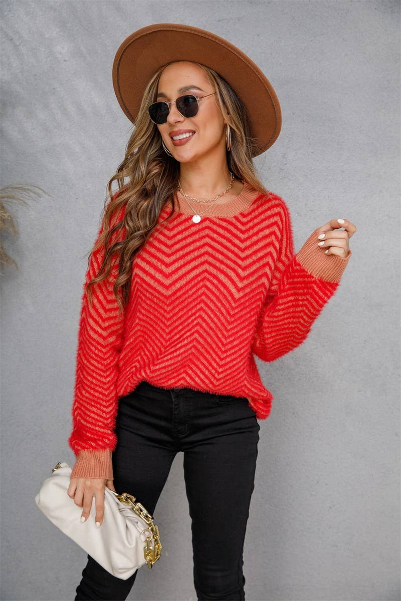 NINEXIS - Wholesale Knit Sweater - Women's - CWOSWL1707_V-neck Long Sleeve Striped Pullover Sweater4