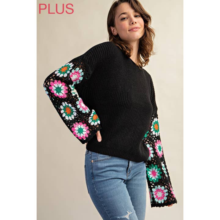 PLUS CLASSIC CREW NECK SWEATER WITH CROCHET SLEEVE for wholesale by Sweet Generis
