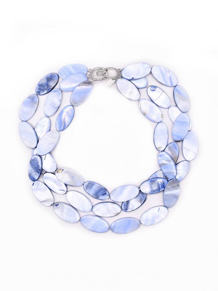 3 Strand Oval Mother Of Pearl Beaded Necklace in New Blue for wholesale by Sea Lily
