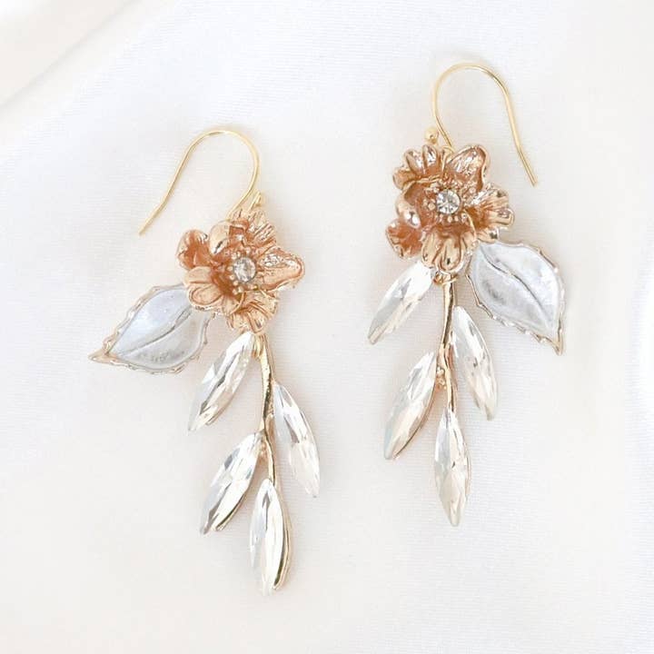 Miss Foxine Couture - Wholesale Dangle Earrings - Diantha Flower Bridal Earrings with Crystal Leaves0