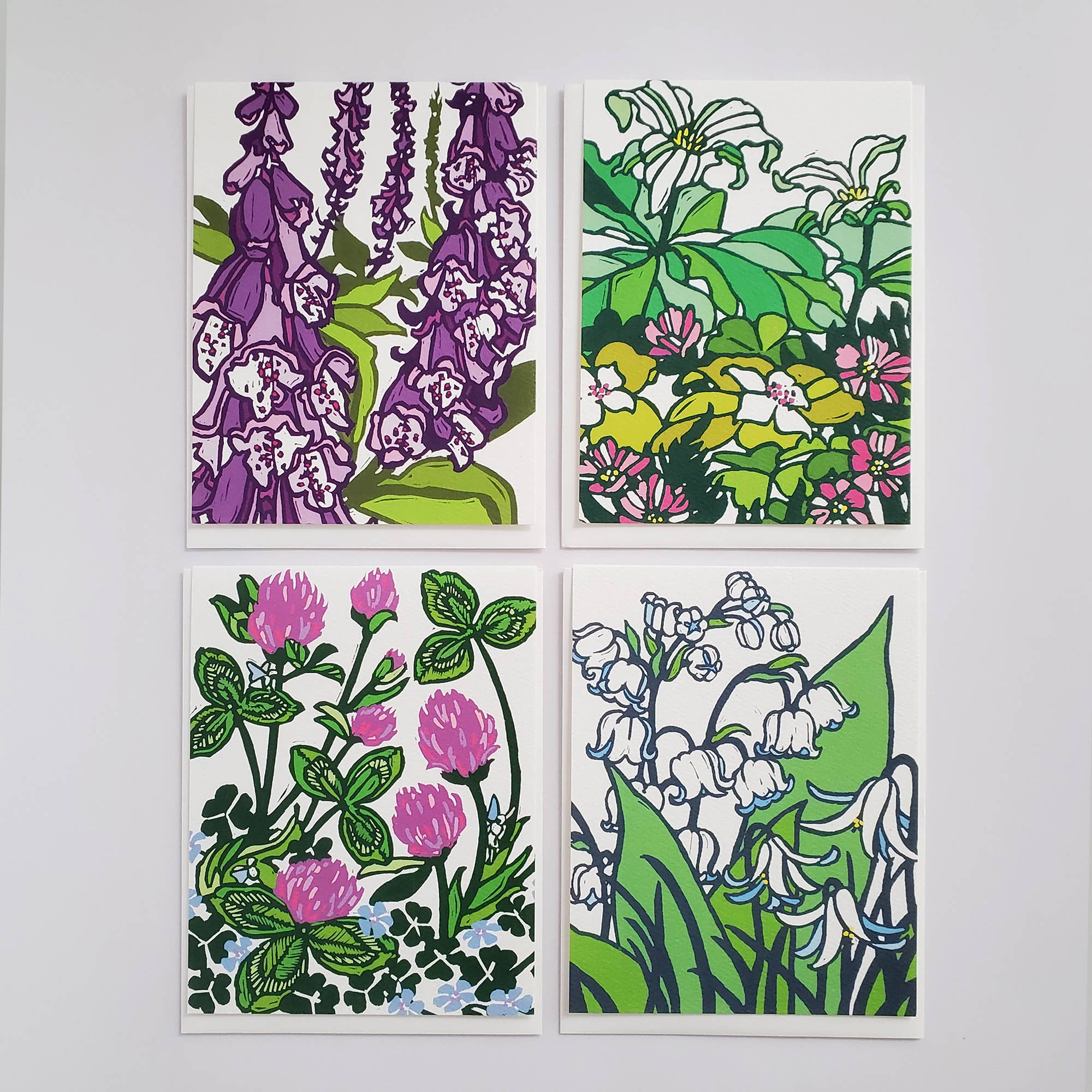 Little Green - Wholesale Stationery/Notecard Set - Assorted Spring Woodland Flower Blank Note Card Set of 8, Block Print Art Greeting Cards3