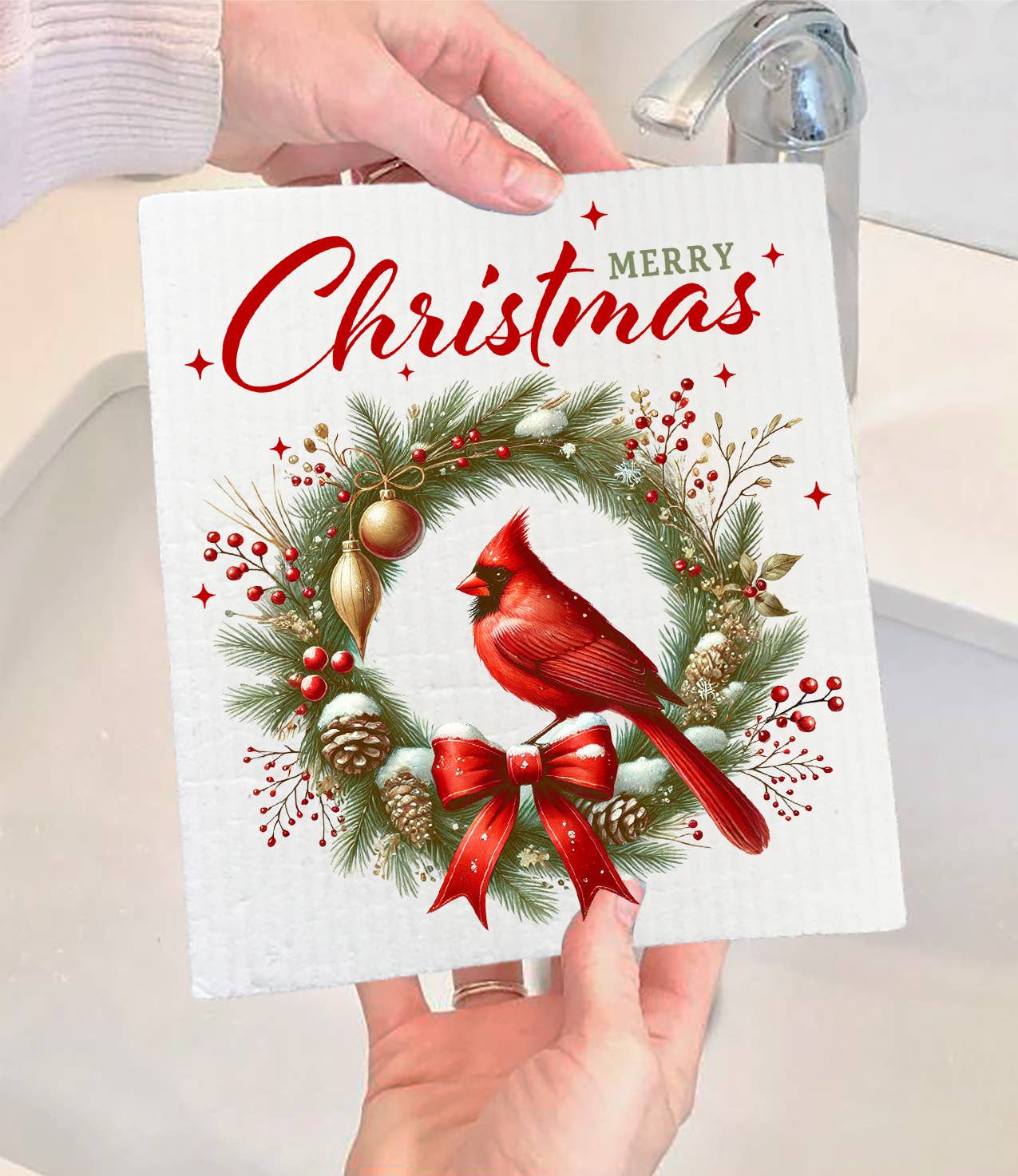 Avery Lane Gifts - Vendita all'ingrosso Strofinaccio da cucina - Strofinaccio svedese con ghirlanda di Natale e cardinale0