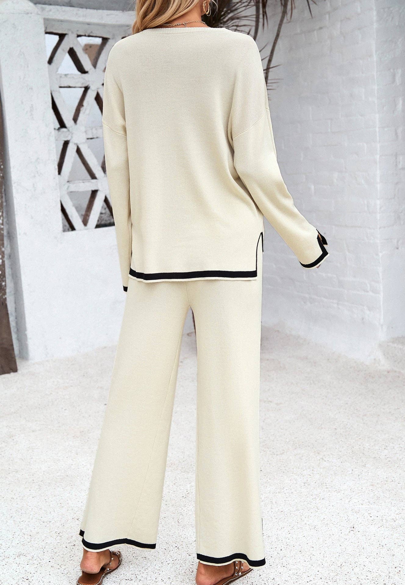 Lovesoft - Vendita all'ingrosso Completo top e pantaloni (NON loungewear) - Donna - Set maglione e pantaloni a maniche lunghe lavorati a maglia tinta unita casual da donna4