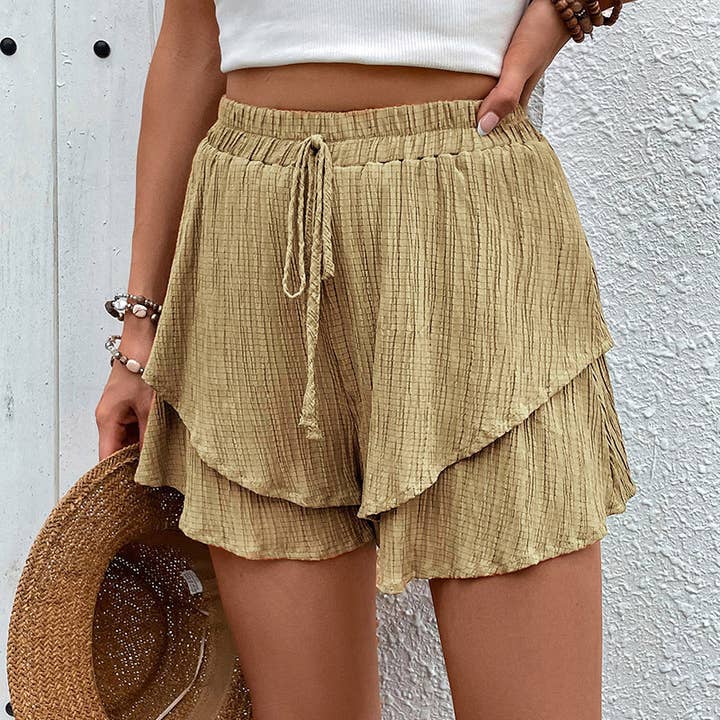 Lily Clothing - Wholesale Shorts - Women's - Flanged tiered lace-up shorts with elastic waist8