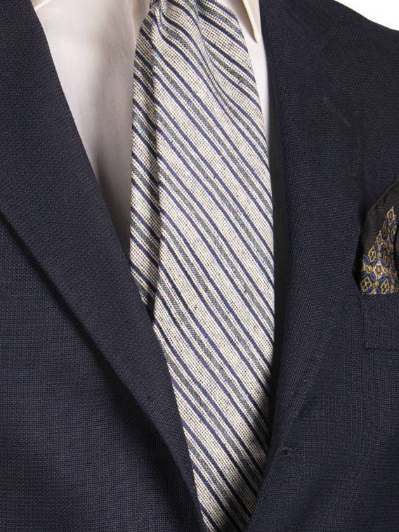Gravata Regimental em Seda Linho em Tweed com Riscas Brancas Azuis 6925 por atacado de Graffeo Cravatte