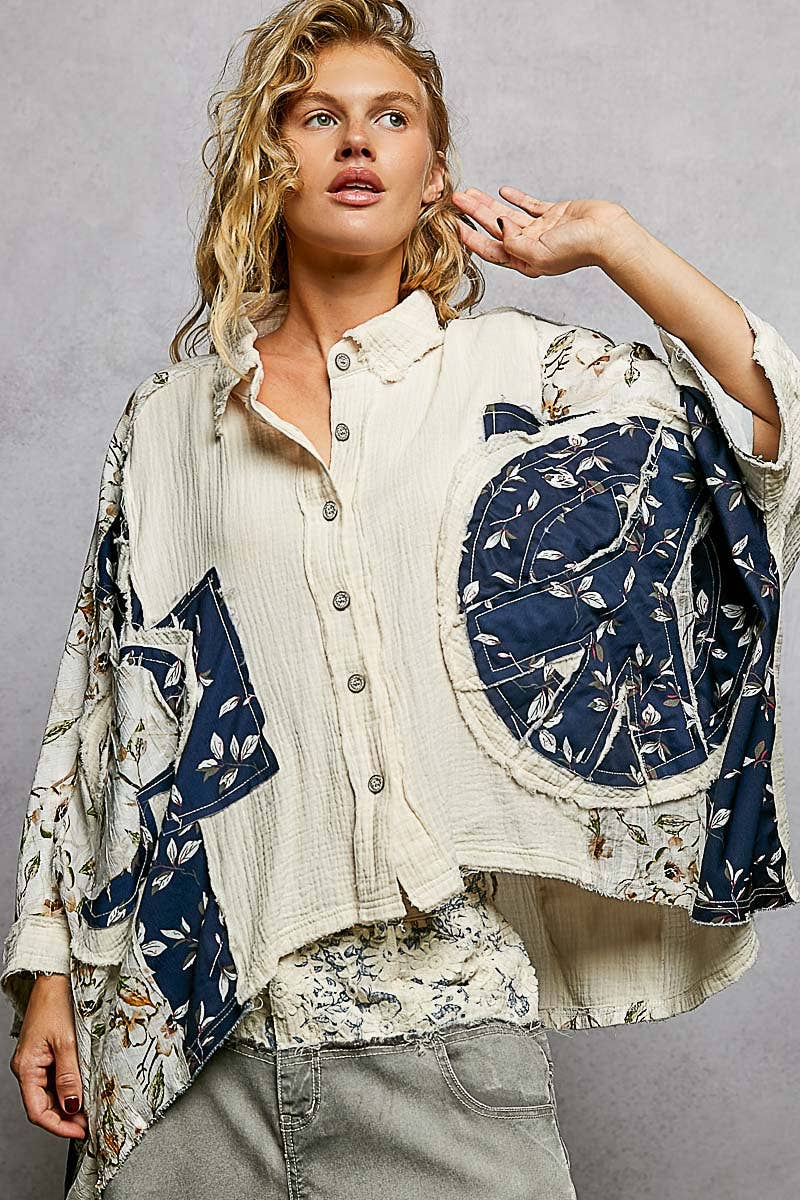 Pol Clothing - Wholesale Button Down Shirt - Women's - 3/4 sleeve roomy fit floral printed shirt top13