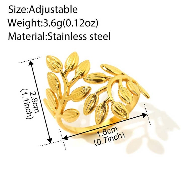 Plush Looks – Engroshandel Statementring – Åben ring i rustfrit stål med bladdesign3