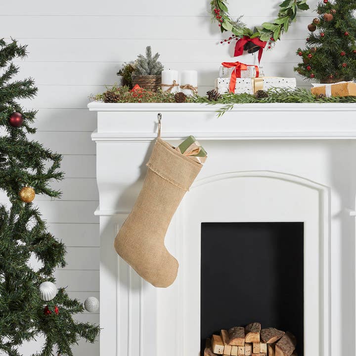 VHC Brands - Wholesale Holiday Stocking - Greetings Jute Burlap Tan Stocking 12x20