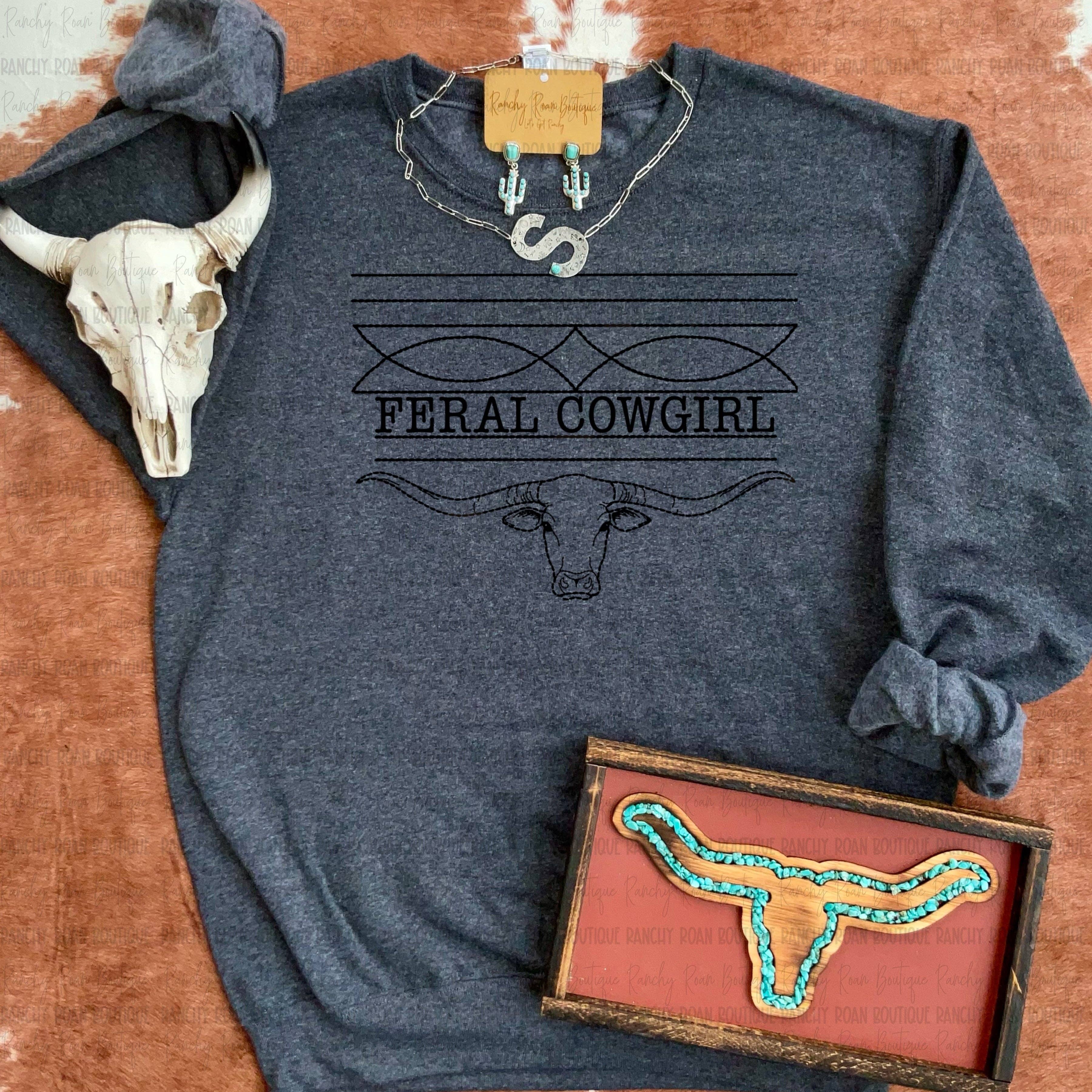 Ranchy Roan Boutique - Wholesale Graphic Sweatshirt - Women's - Feral Cowgirl Boot Stitch Longhorn Western Sweatshirt0