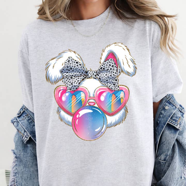 Retro Easter Bunny Blowing Bubble Gum Easter Graphic Tee for wholesale by Simply Spoken Apparel
