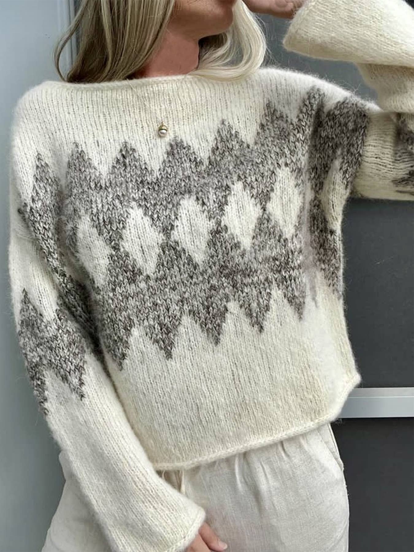 White Off Shoulder Argyle Knit Sweater for wholesale on Faire2