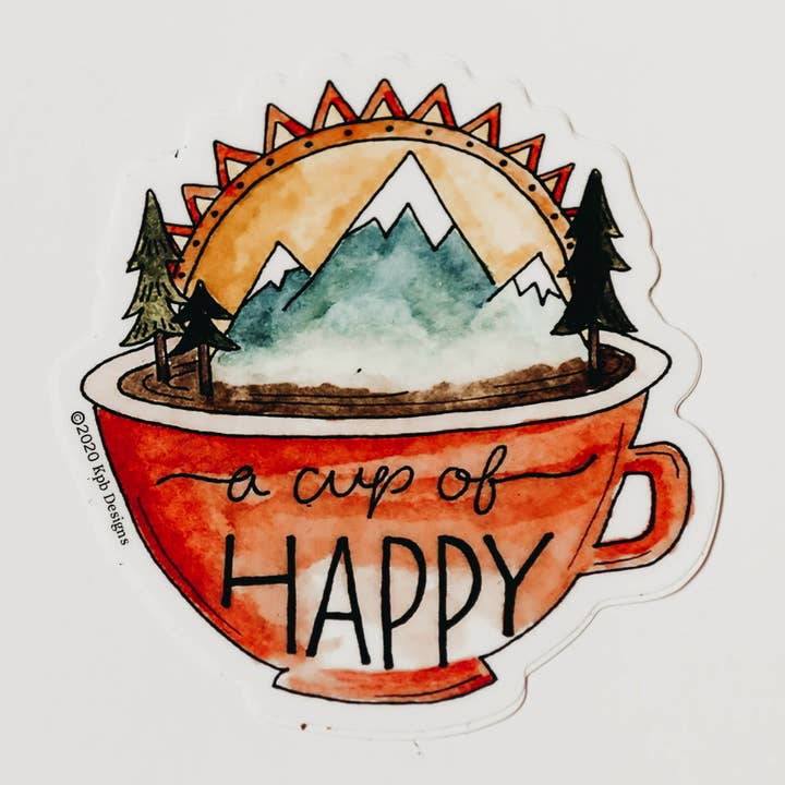 Cup of Happy Mountain Scene Vinyl Sticker for wholesale by Sticker Girl