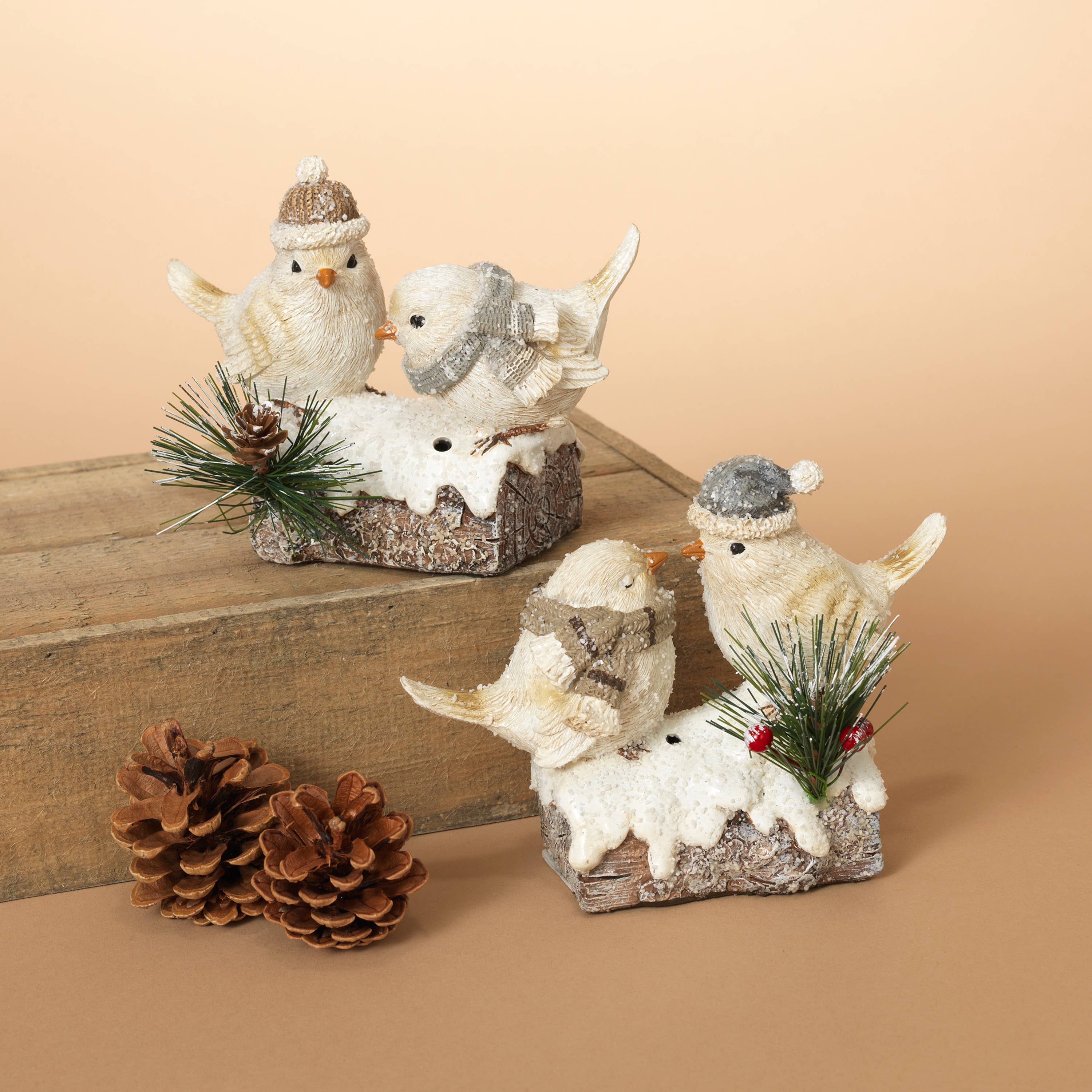 The Gerson Companies - Wholesale Decorative Figurine - Gerson 6.7"L Resin Winter Birds on Stump w/ Sound, 2 Asst0