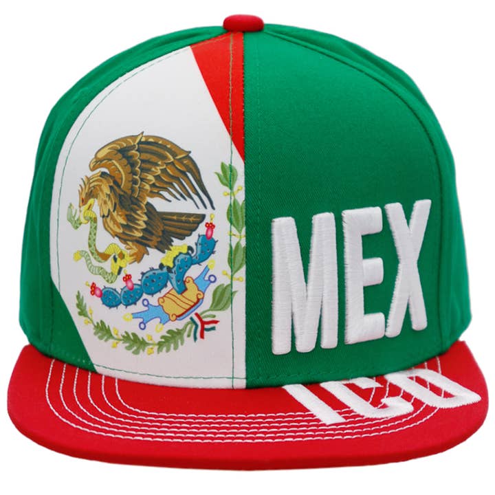 Cap Zone - Wholesale Flat Brim Cap - Unisex - Mexican Flag Coat of Arms Split Flat Bill Snapback