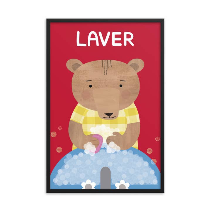 Washing Bear Framed Art Print - French for wholesale by gabo and mateo designs