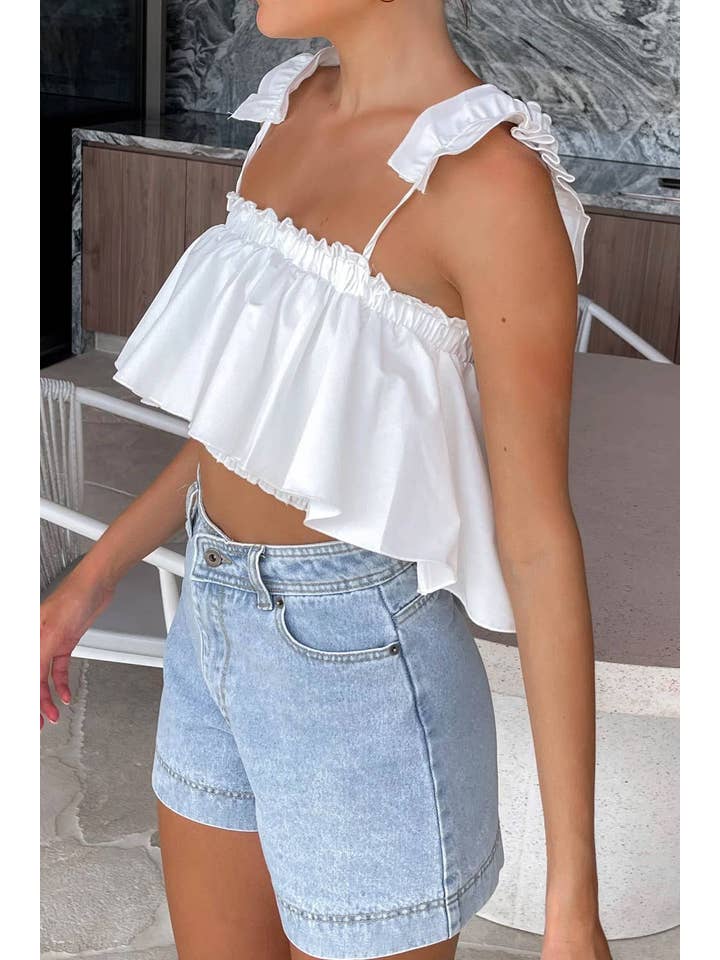 T2023ES0016- White Sleeveless Ruffle Trim Cropped Top for wholesale on Faire3