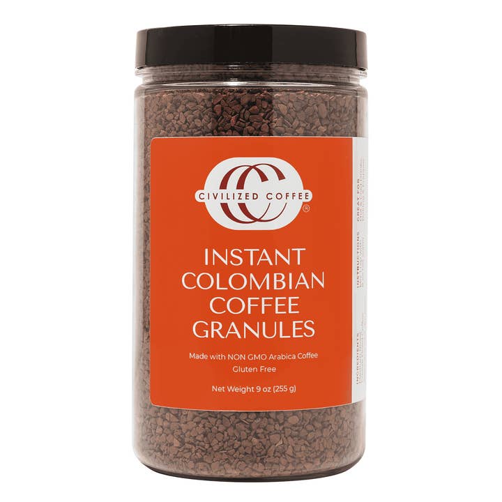 Instant Colombian Coffee Granules, Arabica Coffee, (9 oz) for wholesale by Civilized Coffee
