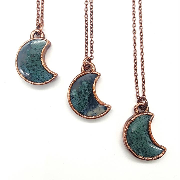 Petite Moss Agate Crescent Moon Necklace for wholesale by MergingMetals