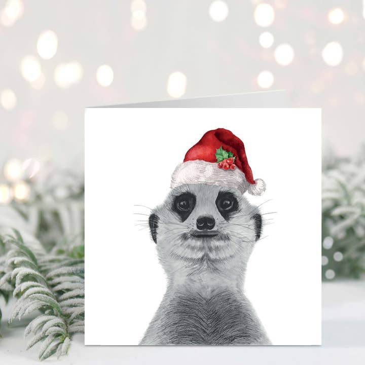 Myra the Meerkat Santa Hat Festive Christmas Card for wholesale by Libra Fine Arts