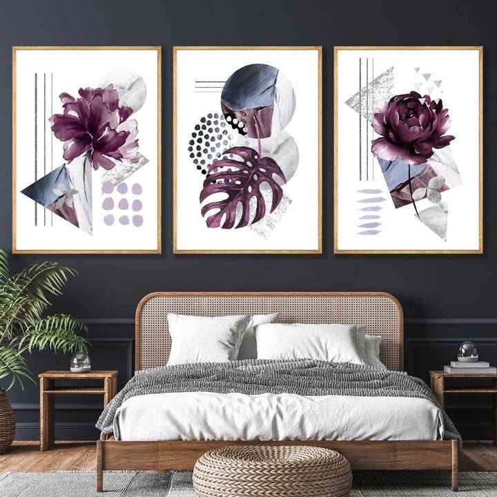 Modernes lila und silbergraues Blumen-Set mit 3 Prints für den Großhandel von Artze Wall Art