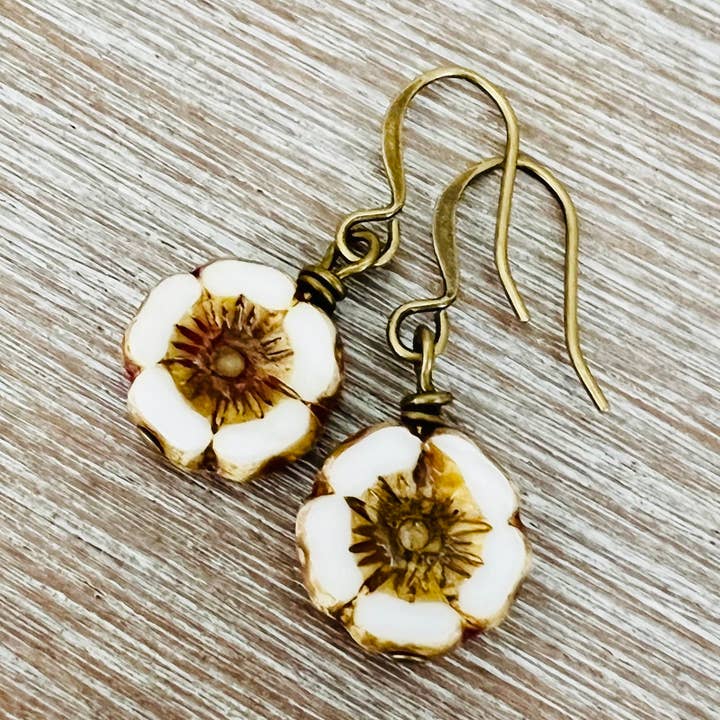 Dainty Pressed Glass Flower Earrings in Ivory for wholesale by Twist Style