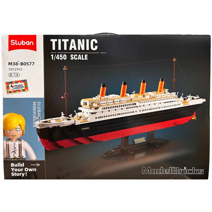 Kit di mattoncini da costruzione Titanic (Modello Grande) con figure di Jack e Rose (1012 pezzi) per la vendita all'ingrosso da parte di Texas Toy Distribution