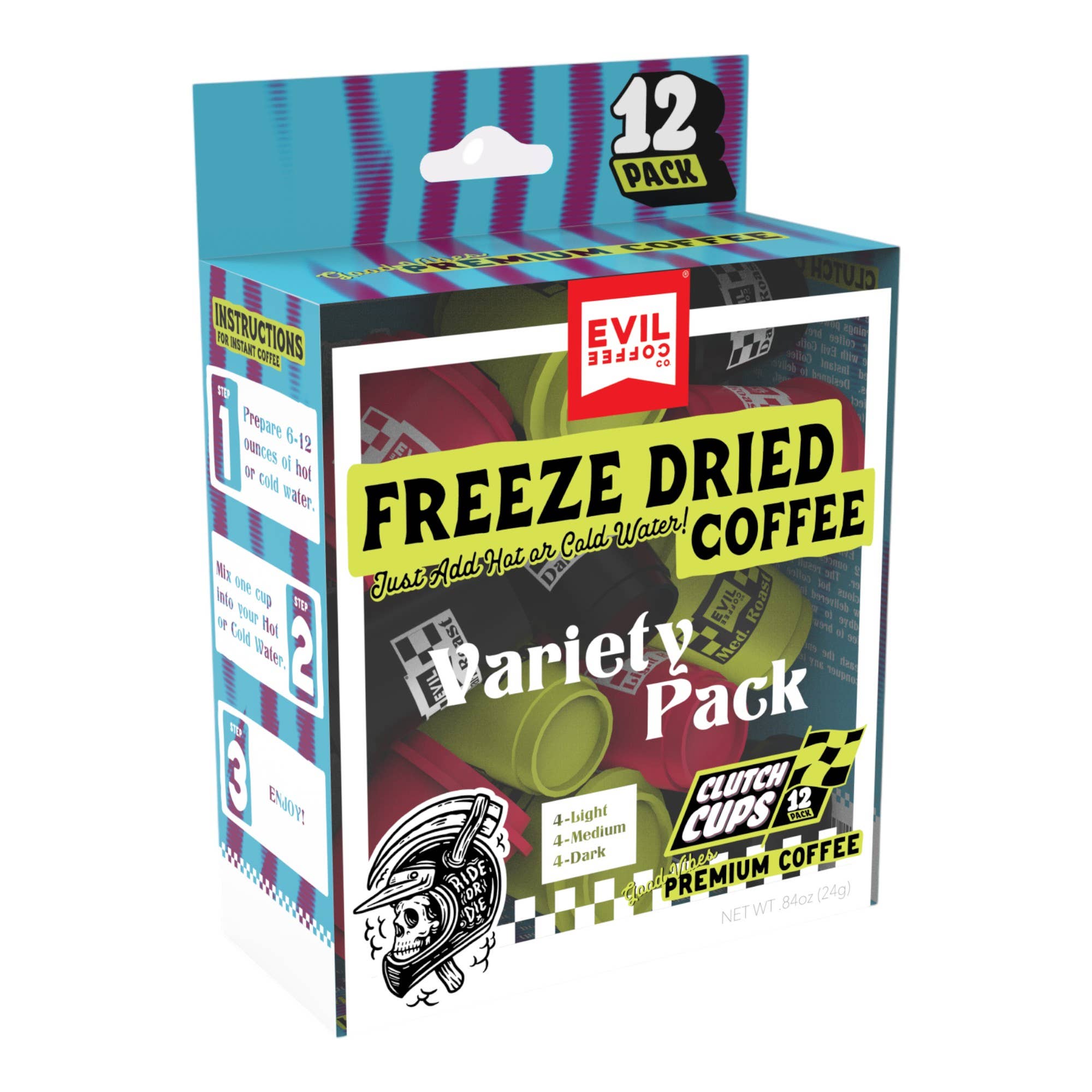 Smithco Distributing - Wholesale Instant Coffee/Espresso - Evil Coffee Clutch Cups - Freeze Dried Coffee (12 Pack)/ PDQ14