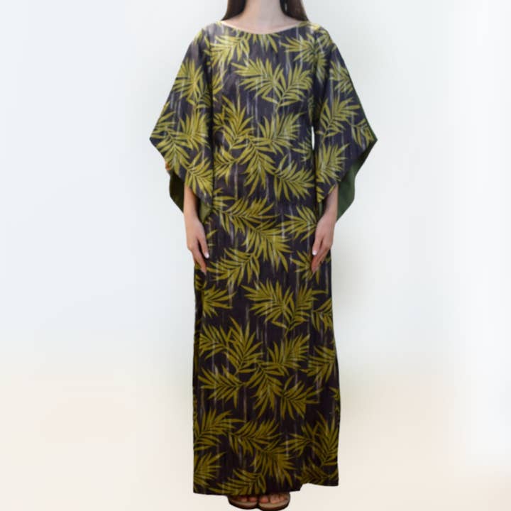 Kimono Sleeve Hawaiian Dress With Slit Design - Charcoal Gray Palm Leaf 2656 for wholesale by Muumuu Rainbow / DBA Princess Kaiulani Fashions