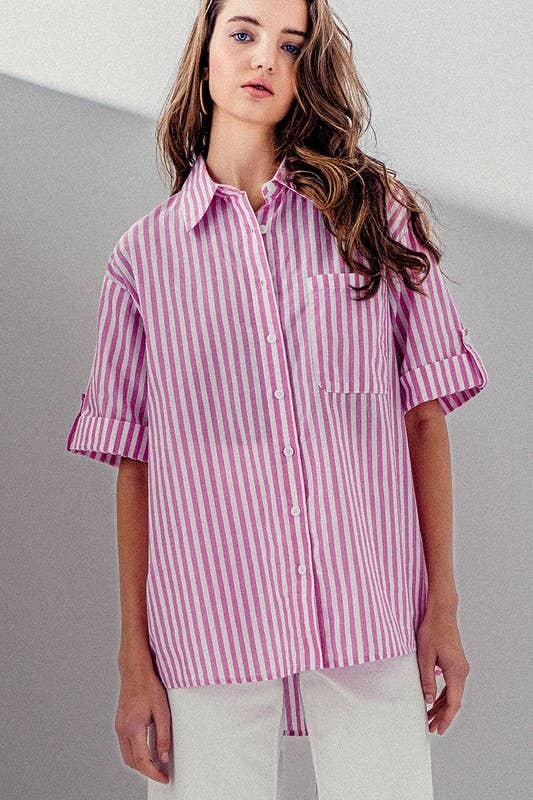Pink BUTTON DOWN HIGH LOW STRIPE SHIRT for wholesale on Faire3